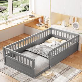 Twin Floor Bed Frame with Fence, Wood Kids Floor Beds Frame for Bedroom Playroom,Gray(Expect arrive date Jun. 21st)