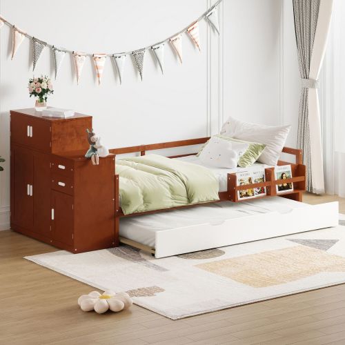 Twin Size Wood Platform Bed with Sample Bookshelf and Movable Wardrobe, Multifunctional Bed with Built-in Trundle Bed, Walnut Twin Size Wood Platform Bed with Sample Bookshelf and Movable Wardrobe, Multifunctional Bed with Built-in Trundle Bed, Walnut