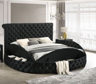 Luxurious 1pc Glam Queen Tufted Headboard Upholstered Storage Round Bed Black Footboard Storage Wooden Bedroom Furniture