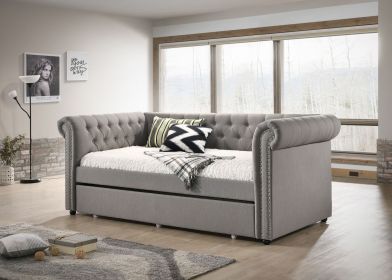 Luxurious 1pc Modern Aesthetic Beautifully Button Tufted Nailhead Trim Design Daybed Built-in pull-out Trundle Bed Living Space Guest Room Bedroo