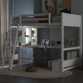 Full Size Loft Bed with L-shaped Multi-storage Desk, LED light and USB Charging Station, Storage Bench with 2 Drawers, White