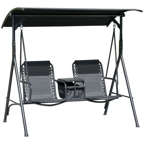 Outsunny 2-Seat Patio Swing Chair, Outdoor Canopy Swing Glider with Pivot Storage Table, Cup Holder, Adjustable Shade