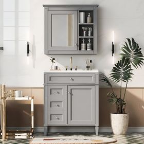 30'' Bathroom Vanity with Top Sink, Modern Bathroom Storage Cabinet with 2 Drawers and a Tip-out Drawer, Freestanding Vanity Set with Mirror Cabi