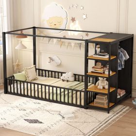 Twin Size Floor Bed Frame with Wardrobe, Metal floor Bed with Storage Shelves, Black