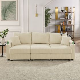 Modern 3 seat Sofa with Storage, Deep Seat Sofa with Cup Holders & Phone Holder Charging Ports, Beige Corduroy Couch for Living Room,Beige