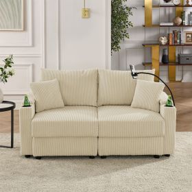 Modern Loveseat Sofa Chair with Storage, Deep Seat Sofa with Cup Holders & Phone Holder Charging Ports, Beige Corduroy Couch for Living Room,Beig