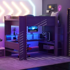 Wood Full Size Gaming Loft Bed with Desk, Multi-storage Shelves, LED and Charging Station, Dark Gray(Expected Arrival Time: 2.14)