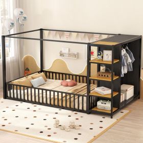 Full Size Floor Bed Frame with Wardrobe, Metal floor Bed with Storage Shelves, Black
