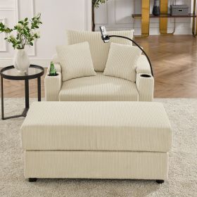 Modern Sofa Chair with Storage, Ottoman, Deep Seat Sofa with Cup Holders & Phone Holder Charging Ports, Beige Corduroy Couch for Living Room