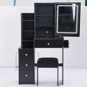 Small Size Left Bedside Cabinet Vanity Table + Cushioned Stool, 2 AC+2 USB Power Station, Hair dryer bracket