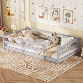 Twin Size Floor Bed, Montessori Floor Bed with Fence, Kids Montessori Bed Twin Size, Wood Montessori Floor Bed for Kids, Girls, Boys (GRAY)