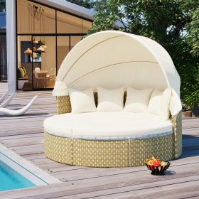 TOPMAX Patio Furniture Round Outdoor Sectional Sofa Set Rattan Daybed Two-Tone Weave Sunbed With Ret (Color: Beige)