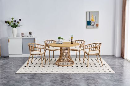 Outdoor Dining Simple Bamboo Chair Table , PE Ratten Round Table 110CM Plastic Wood Top (Option: Antique brown)