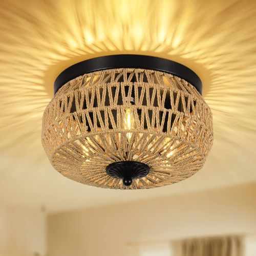 3 Lamp Woven Rattan Recessed Chandelier Lamp Fixture With Handmade Cage Lampshade For Bedroom, Kitchen, Hallway, Porch   Unavailable Platforms- W