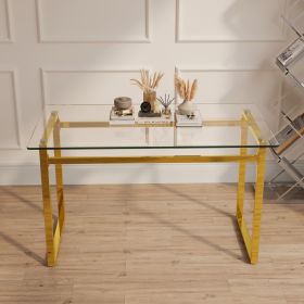 51" Modern Minimalist Rectangular Glass Dining Table for 4-6 with 0.31" Tempered Glass Tabletop and Black Chrome Metal Legs, Writing Table Desk (Color: Golden)