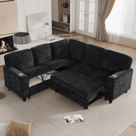 L-Shaped Sofa With Pull Out Sofa Bed, Sleeper Sofa Couch Bed With Storage Seat, 5 Seat Sectional Sofa Bed With USB, Sectional Sofa Couch For Livi (Color: Black)