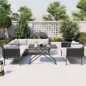 TOPMAX 5  Piece Modern Patio Sectional Sofa Set Outdoor Woven Rope Furniture Set With Glass Table And (Option: GreyBlack)